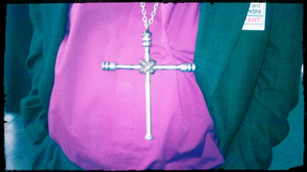 Bishop Dinis Salomao Sengulane of Mozambique wears a cross made from the remains of weapons used during war.