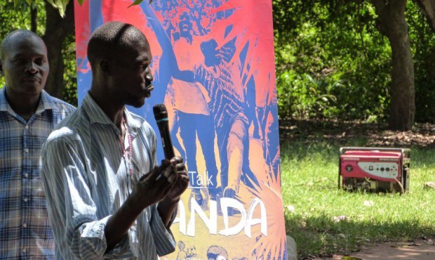 A man speaks during a dialogue in Lukodi village, Gulu on 2 June 2016. Credit: Niklas Jakobsson/Let's Talk, Uganda